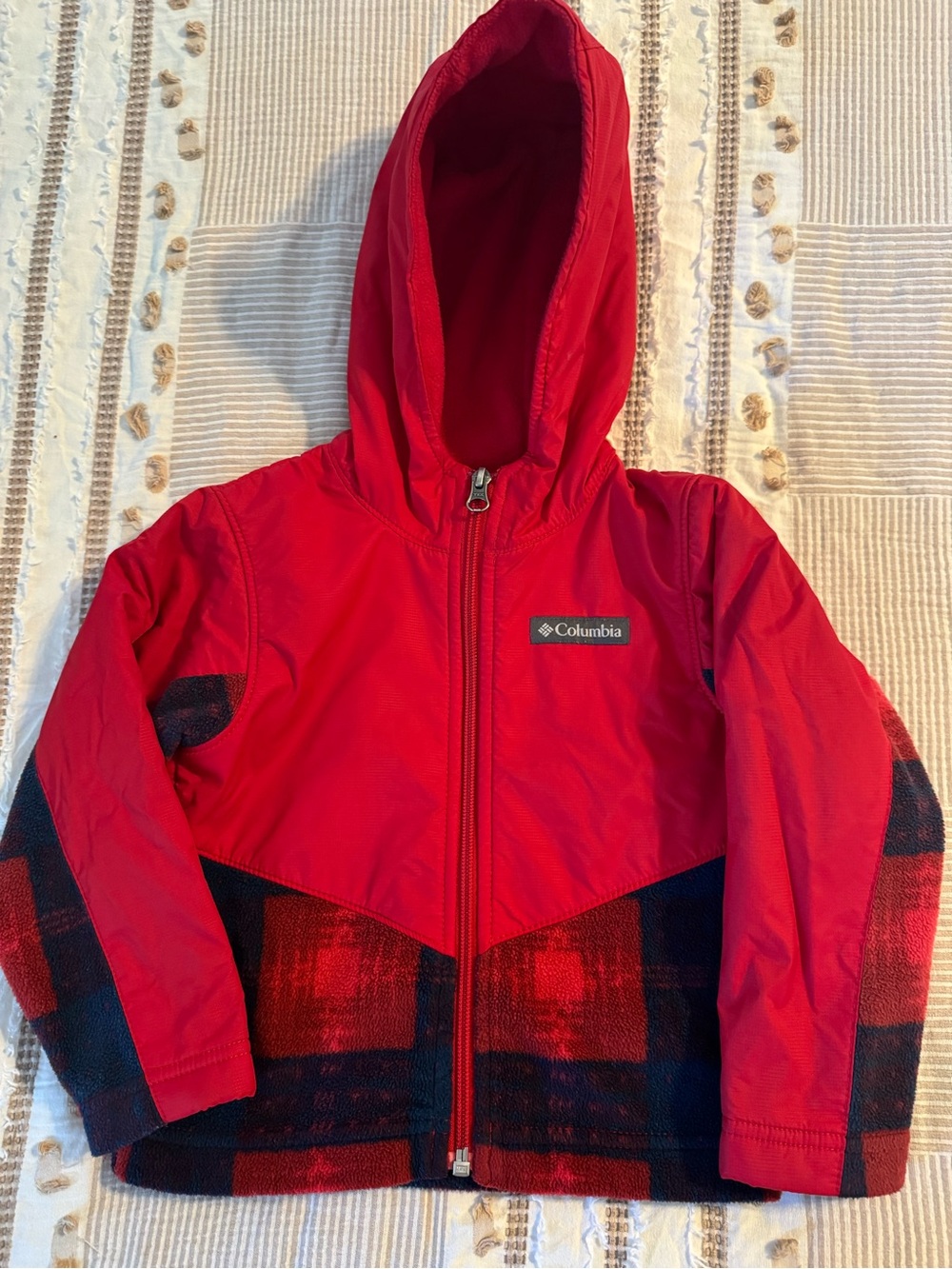 Columbia Red Hooded Toddler Jacket with Plaid Trim